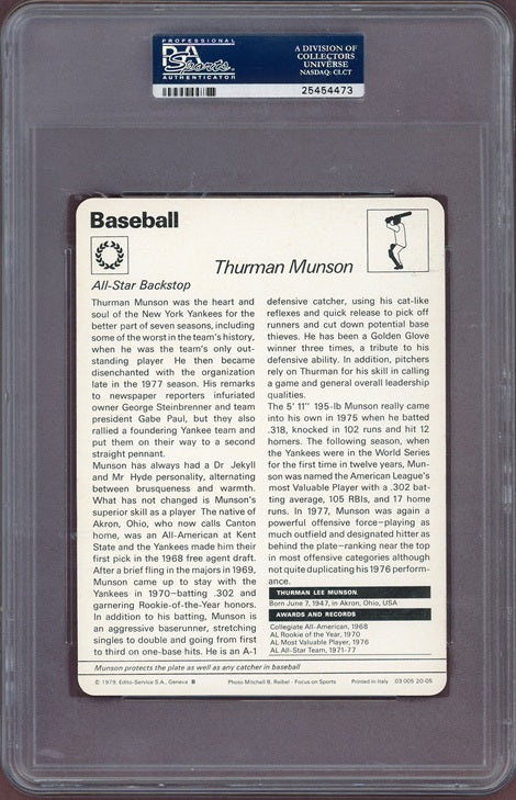 1977 Sportscaster #20-05 Thurman Munson Yankees PSA 9 MINT 563923