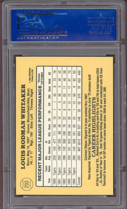 1985 DONRUSS #293 LOU WHITAKER TIGERS PSA 9 MINT 563991