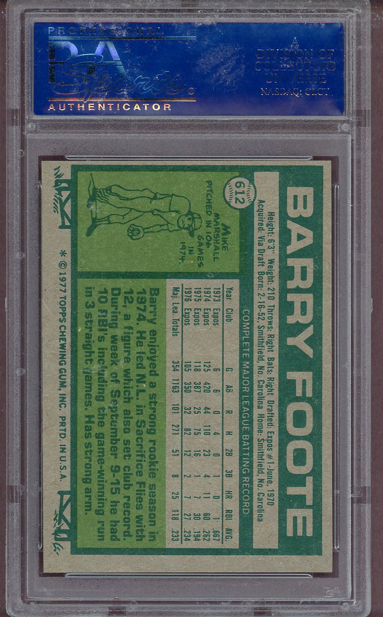 1977 TOPPS #612 BARRY FOOTE EXPOS PSA 9 MINT 564018