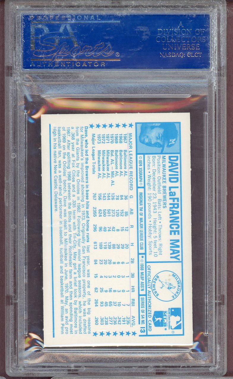1974 Kelloggs Baseball #013 Dave May Brewers PSA 9 MINT 564030