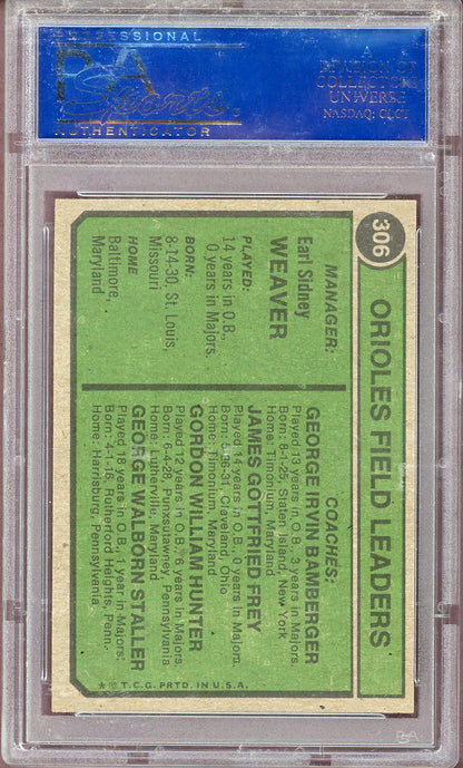 1974 TOPPS #306 ORIOLES MGR./COACHES PSA 8 NM-MT 564093