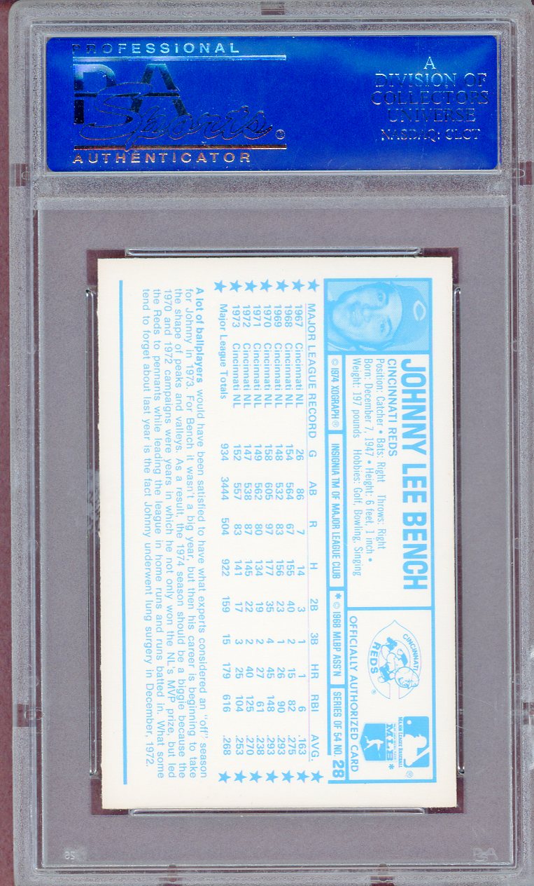 1974 KELLOGG'S #028 JOHNNY BENCH REDS PSA 6 EX-MT 564119