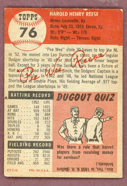 1953 Topps Baseball # 76 Pee Wee Reese Dodgers VG-EX 564230