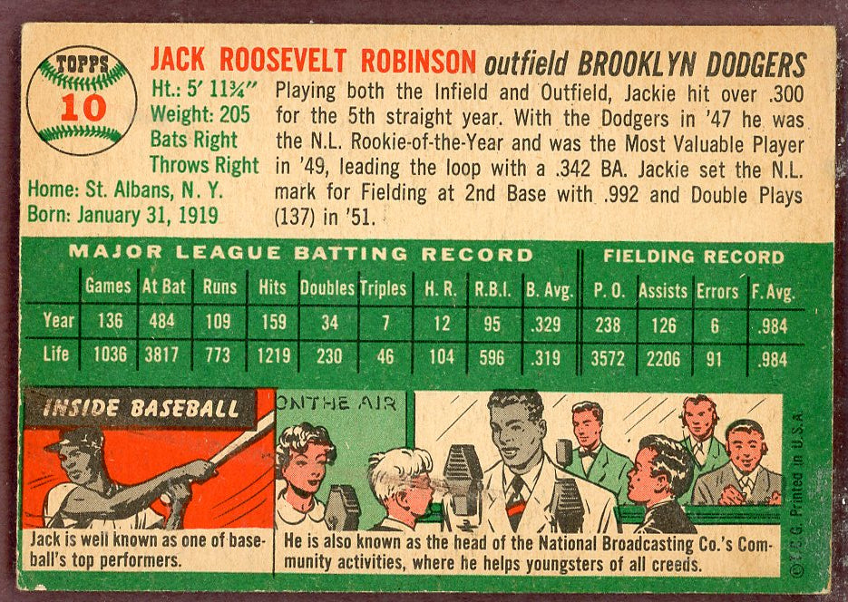 1954 Topps Baseball # 10 Jackie Robinson Dodgers VG-EX 564237