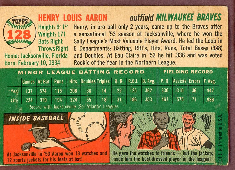 1954 Topps Baseball #128 Hank Aaron Braves VG+/VG-EX 564243