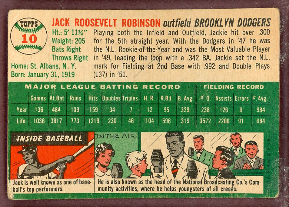 1954 Topps Baseball # 10 Jackie Robinson Dodgers VG 564245