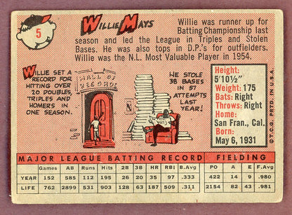 1958 Topps Baseball #  5 Willie Mays Giants VG 564256