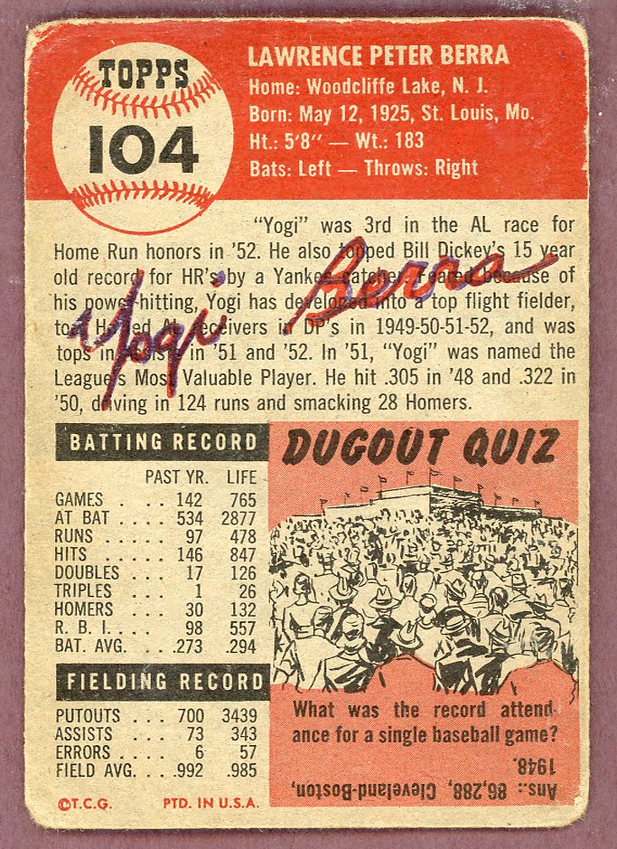1953 Topps Baseball #104 Yogi Berra Yankees Fair 564274