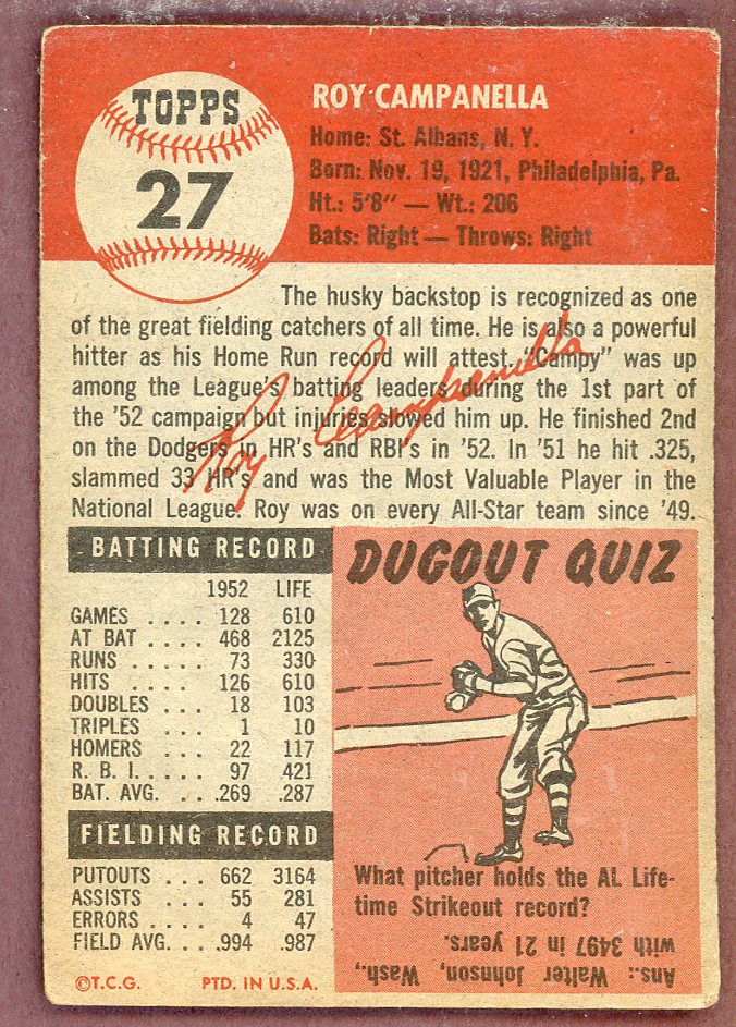 1953 Topps Baseball # 27 Roy Campanella Dodgers VG 564275