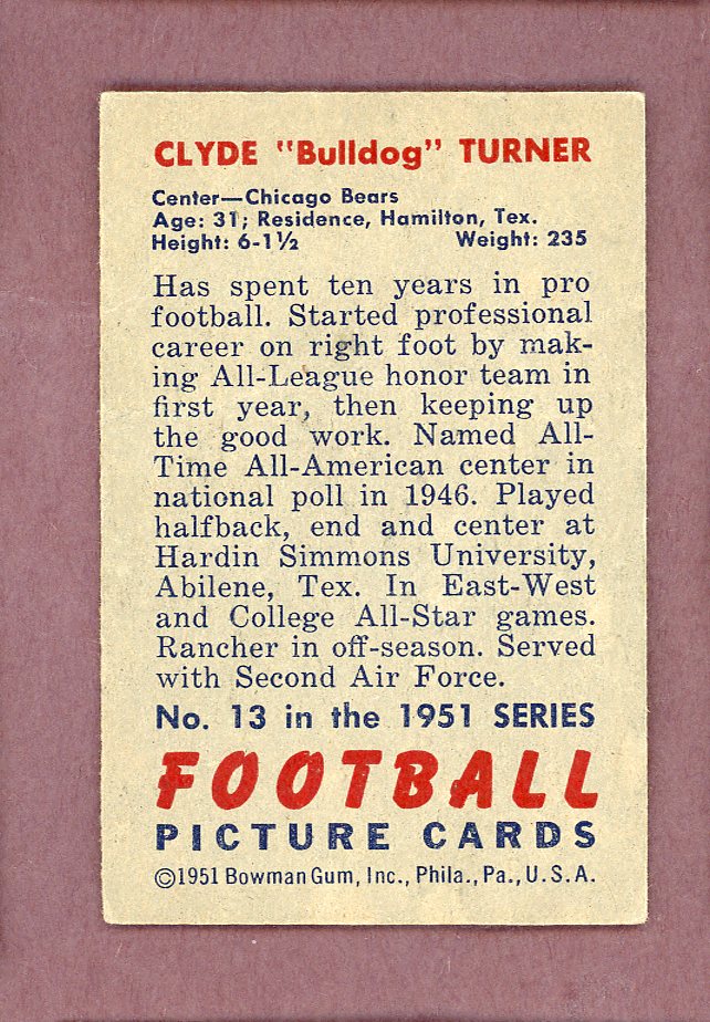 1951 Bowman Football # 13 Bulldog Turner Bears VG 564295
