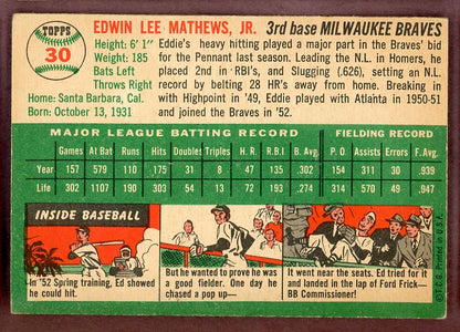 1954 Topps Baseball # 30 Eddie Mathews Braves VG 564305
