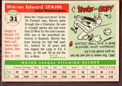 1955 Topps Baseball # 31 Warren Spahn Braves EX+/EX-MT 564320