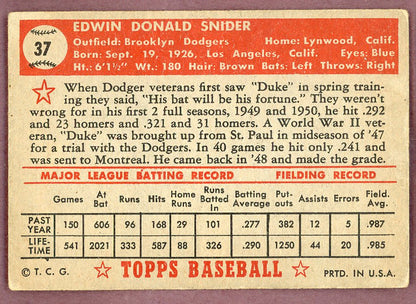1952 Topps Baseball # 37 Duke Snider Dodgers VG-EX Red 564322