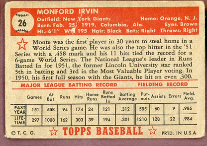 1952 Topps Baseball # 26 Monte Irvin Giants PR-FR Red 564323