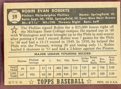 1952 Topps Baseball # 59 Robin Roberts Phillies EX-MT Black 564324