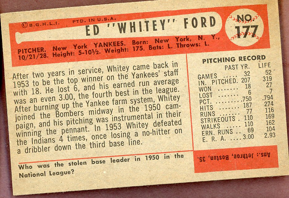 1954 Bowman Baseball #177 Whitey Ford Yankees EX-MT 564326