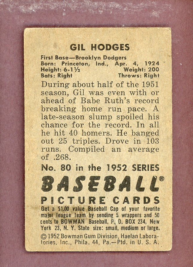 1952 Bowman Baseball # 80 Gil Hodges Dodgers VG-EX 564338