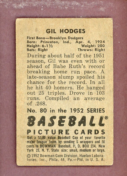 1952 Bowman Baseball # 80 Gil Hodges Dodgers VG-EX 564338