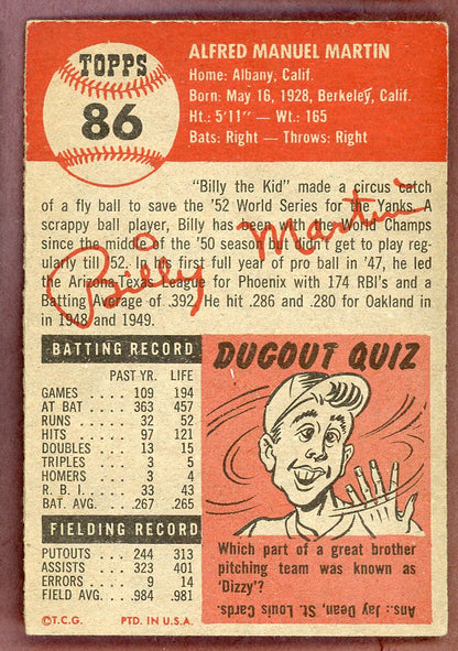 1953 Topps Baseball # 86 Billy Martin Yankees VG-EX 564416