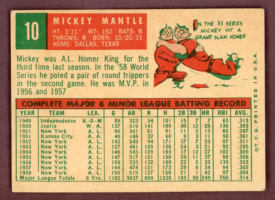 1959 Topps Baseball #010 Mickey Mantle Yankees FR-GD 564444
