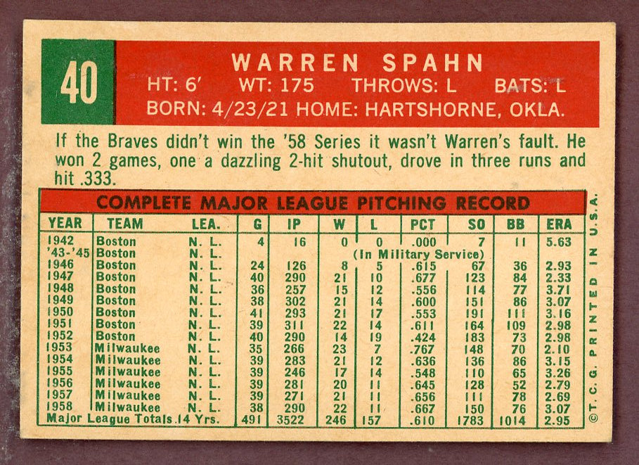 1959 Topps Baseball #040 Warren Spahn Braves EX-MT 1921 564461
