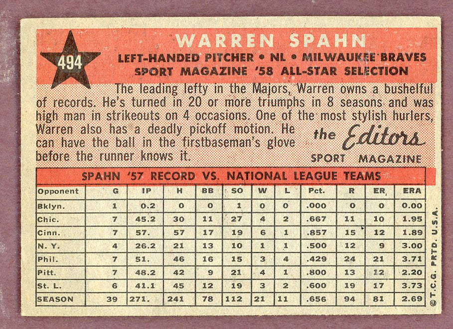 1958 Topps Baseball #494 Warren Spahn A.S. Braves VG-EX 564469