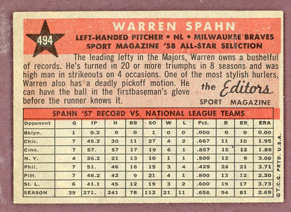 1958 Topps Baseball #494 Warren Spahn A.S. Braves VG-EX 564469