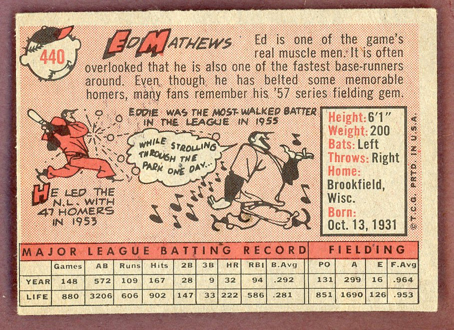 1958 Topps Baseball #440 Eddie Mathews Braves EX+/EX-MT 564474