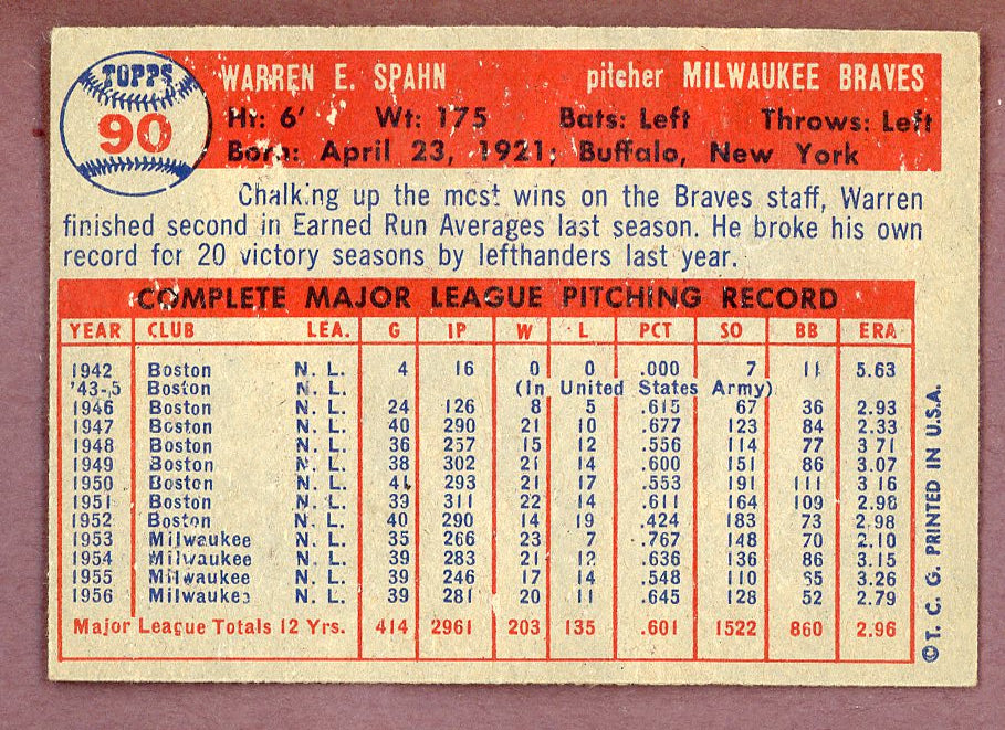 1957 Topps Baseball #090 Warren Spahn Braves EX+/EX-MT 564482