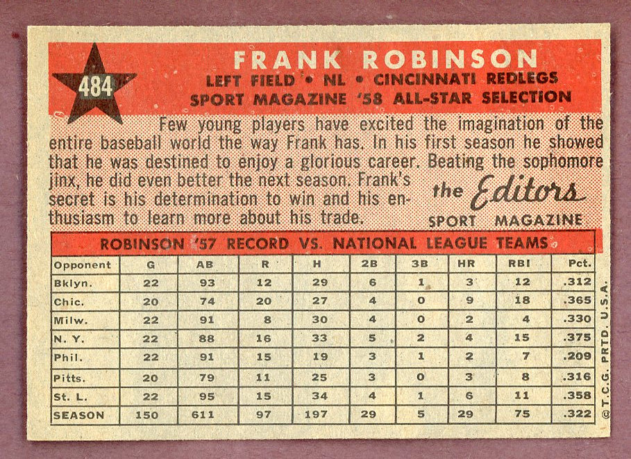 1958 Topps Baseball #484 Frank Robinson A.S. Reds EX-MT 564491