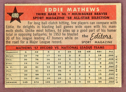 1958 Topps Baseball #480 Eddie Mathews A.S. Braves NR-MT 564498