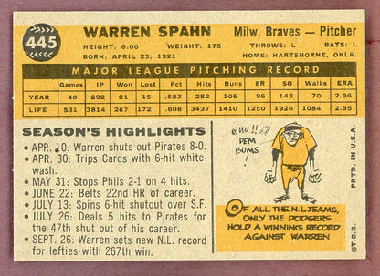 1960 Topps Baseball #445 Warren Spahn Braves EX+/EX-MT 564520