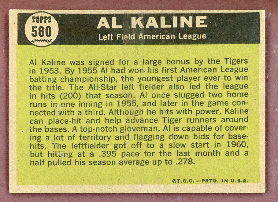 1961 Topps Baseball #580 Al Kaline A.S. Tigers NR-MT 564531