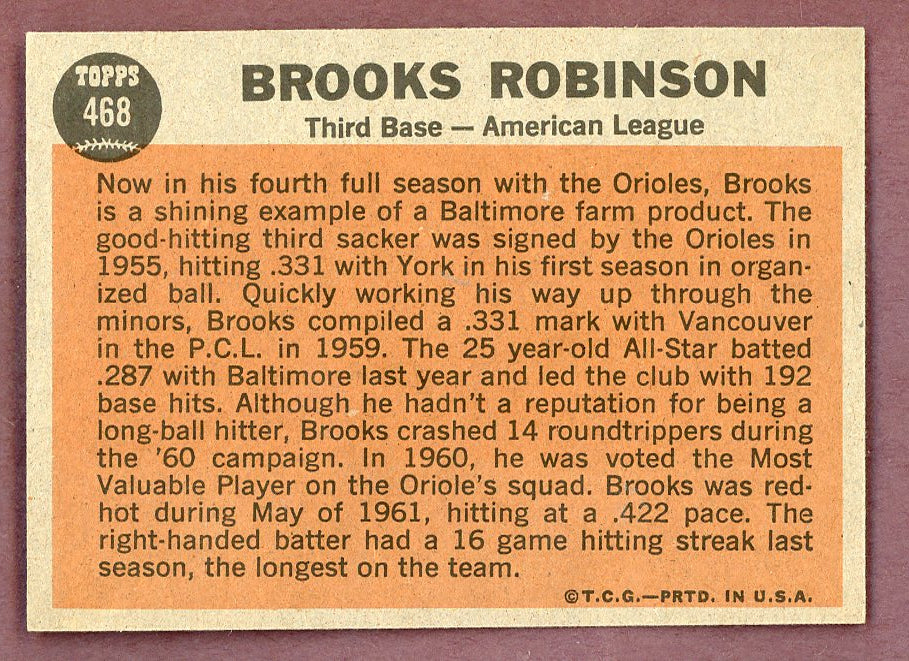 1962 Topps Baseball #468 Brooks Robinson A.S. Orioles EX-MT 564561