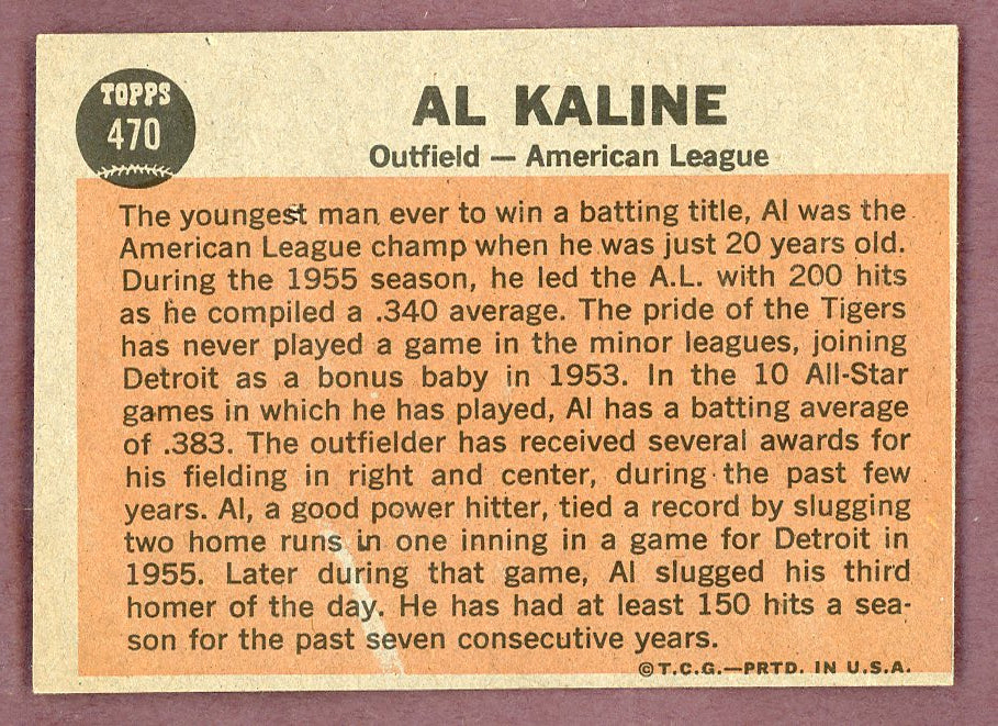 1962 Topps Baseball #470 Al Kaline A.S. Tigers EX-MT 564562