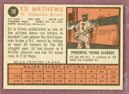 1962 Topps Baseball #030 Eddie Mathews Braves EX-MT 564568