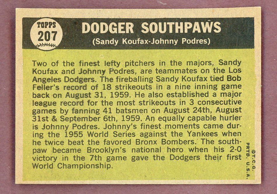 1961 Topps Baseball #207 Sandy Koufax Johnny Podres EX-MT 564579