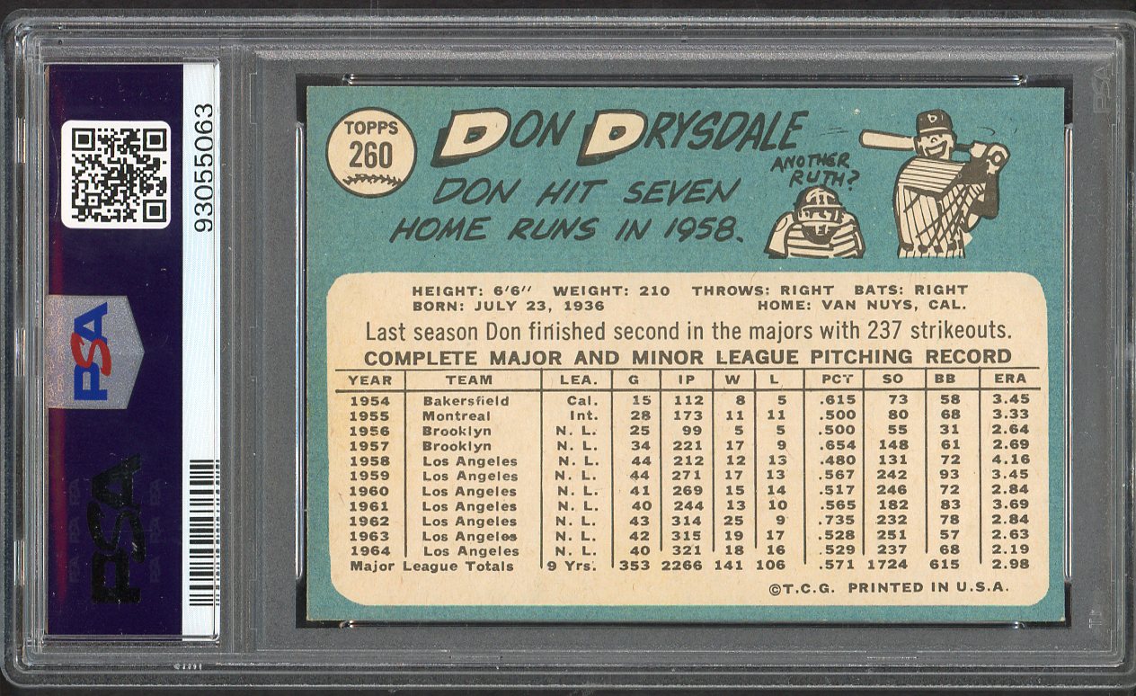 1965 Topps Baseball #260 Don Drysdale Dodgers PSA 7 NM 564601