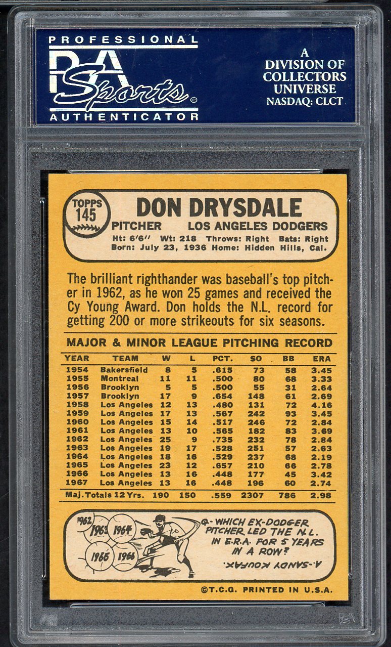 1968 Topps Baseball #145 Don Drysdale Dodgers PSA 8 NM/MT 564616