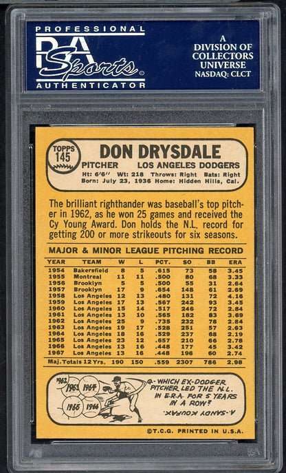 1968 Topps Baseball #145 Don Drysdale Dodgers PSA 8 NM/MT 564616