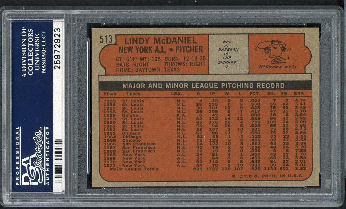 1972 Topps Baseball #513 Lindy McDaniel Yankees PSA 9 MINT 564620