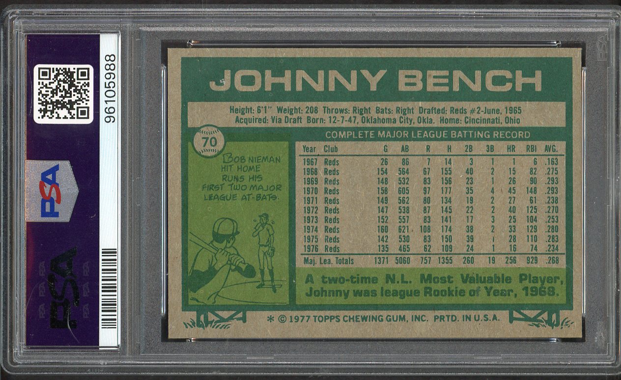 1977 Topps Baseball #070 Johnny Bench Reds PSA 8 NM/MT 564621