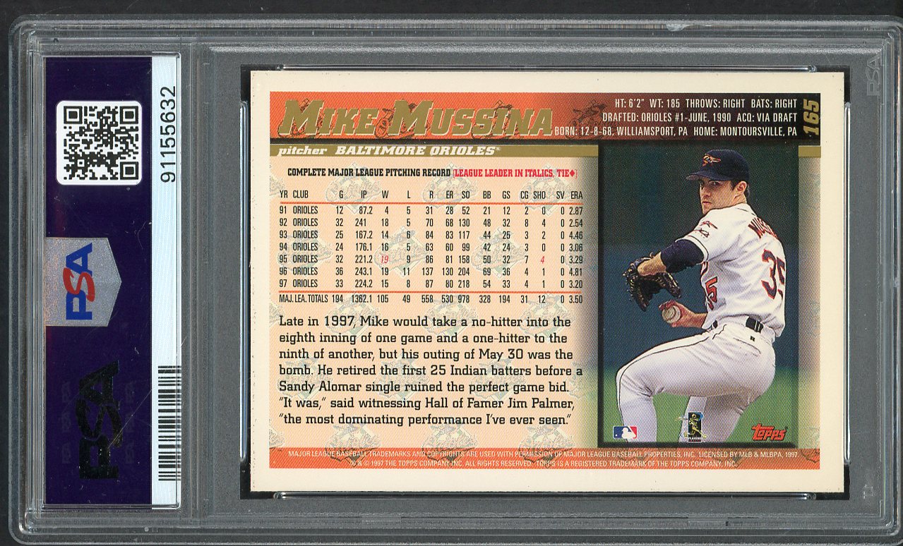 1998 Topps #165 Mike Mussina Orioles PSA 10 GEM MINT 564623