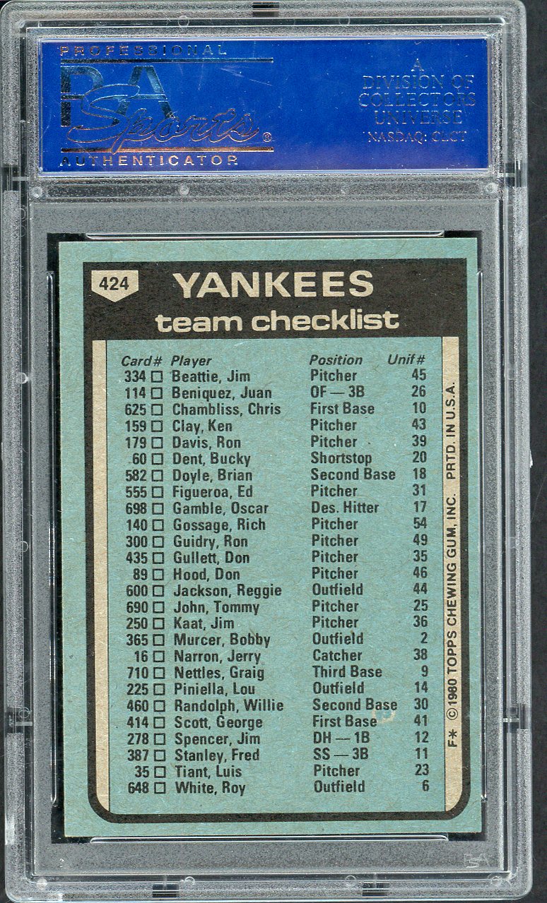 1980 Topps Baseball #424 New York Yankees Team PSA 9 MINT 564684
