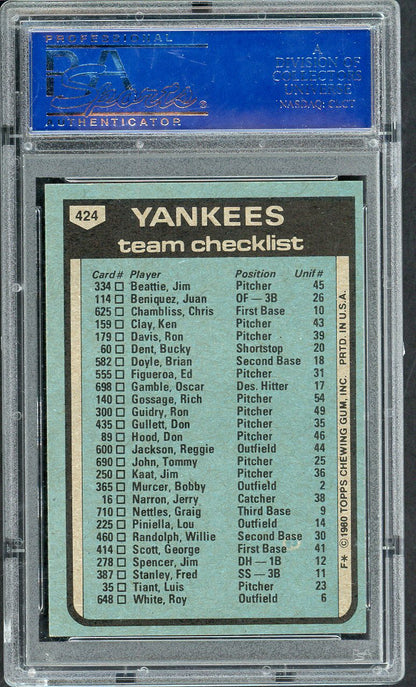 1980 Topps Baseball #424 New York Yankees Team PSA 9 MINT 564684