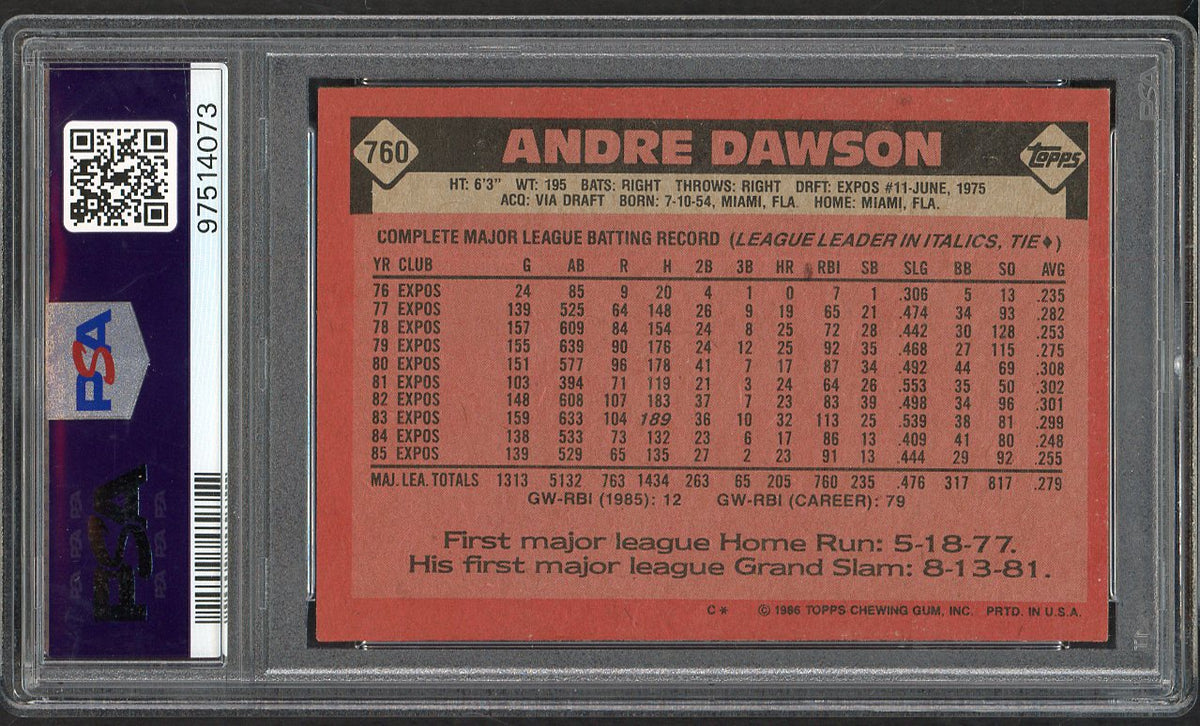 1986 Topps #760 Andre Dawson Expos PSA 9 MINT 564688