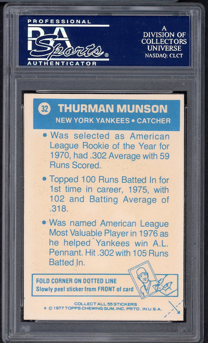 1977 Topps Baseball Cloth Stickers #032 Thurman Munson Yankees PSA 8 NM/MT 564715