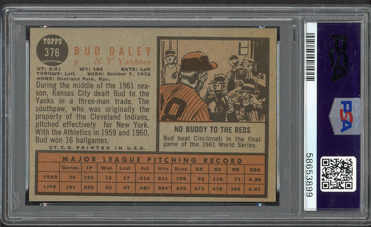 1962 Topps Baseball #376 Bud Daley Yankees PSA 7 NM 564725