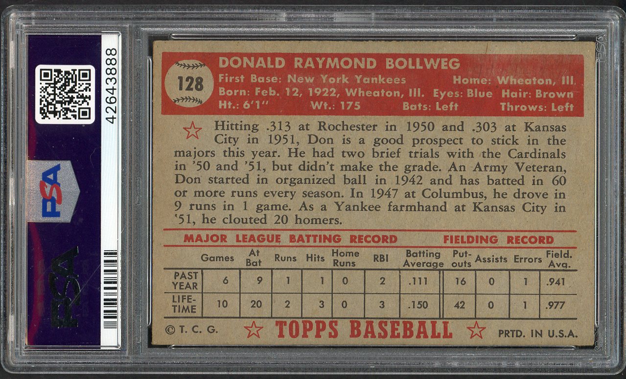 1952 Topps Baseball #128 Don Bollweg Yankees PSA 7 NM 564727