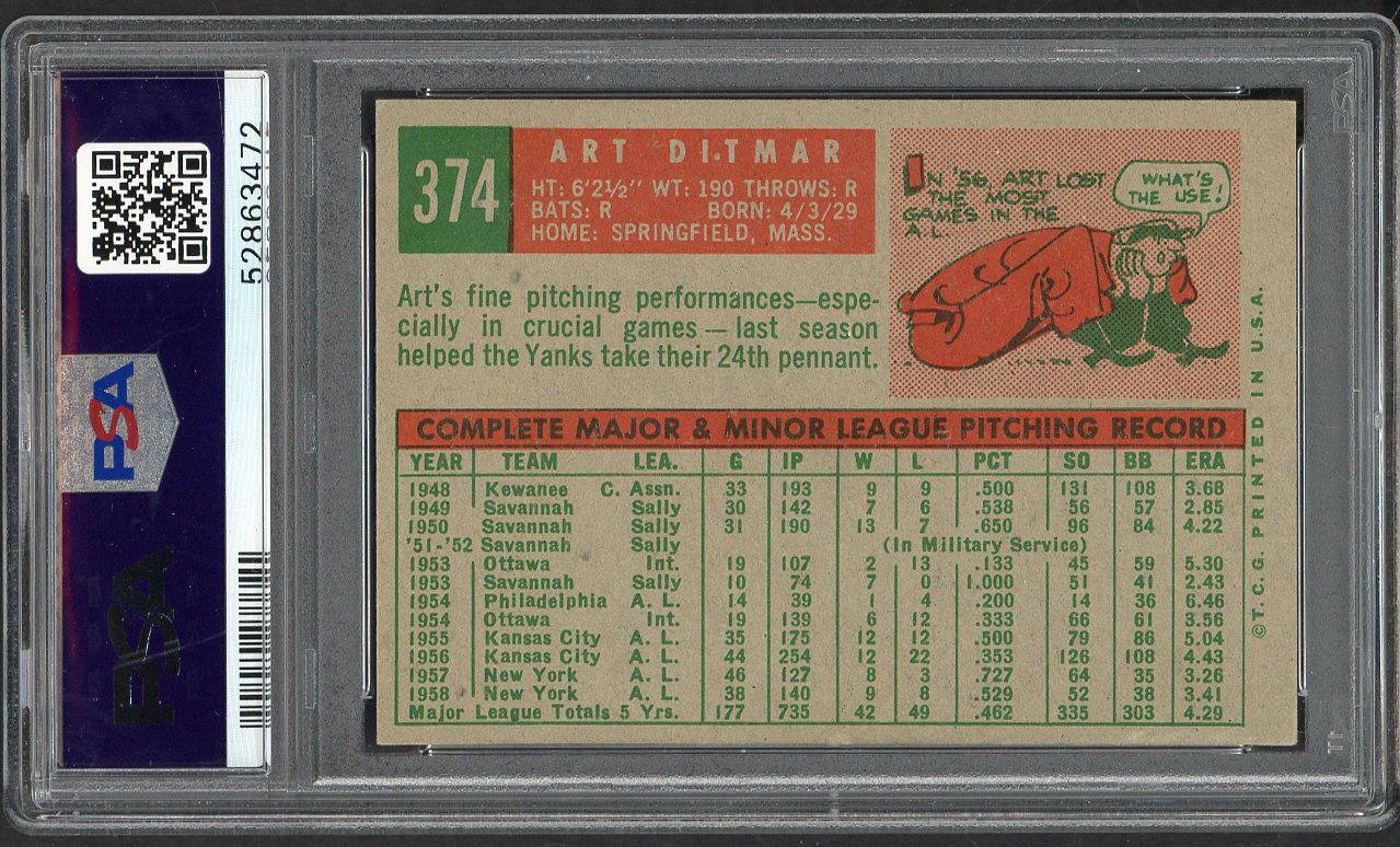 1959 Topps Baseball #374 Art Ditmar Yankees PSA 5 EX 564728